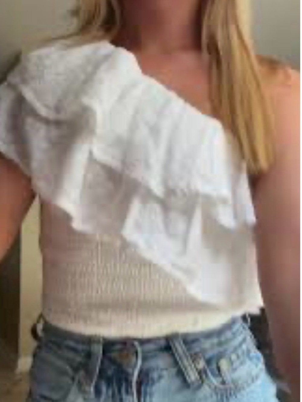 Abercrombie & Fitch White One-Shoulder Ruffle Crop Top
